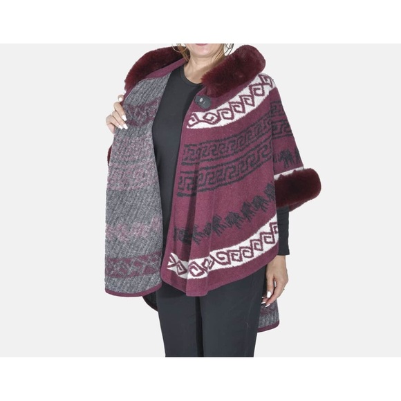 Tamsy Cranberry Half Moon Faux Fur Lined Hooded Poncho with Snap on Button - Picture 5 of 5